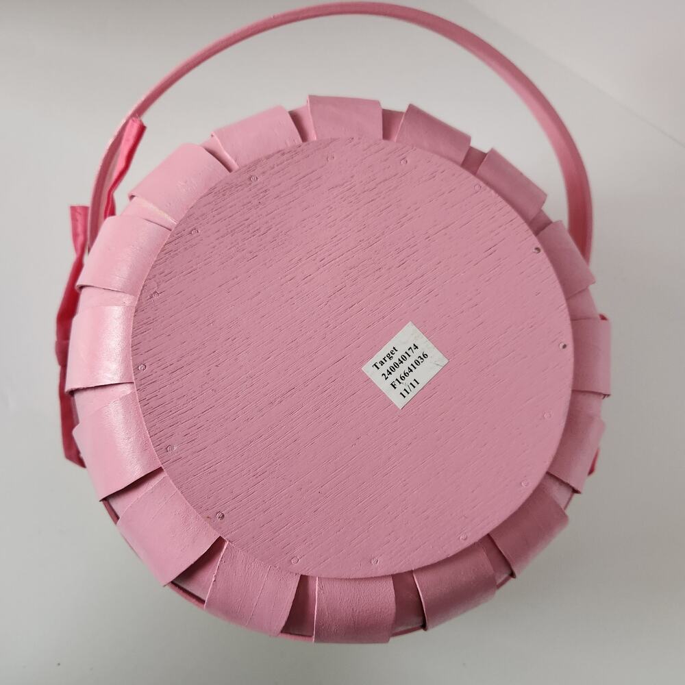 Pink 9.5" Easter Basket With Handle Yellow Fabric Liner Spring Decor Basket - Picture 4 of 4